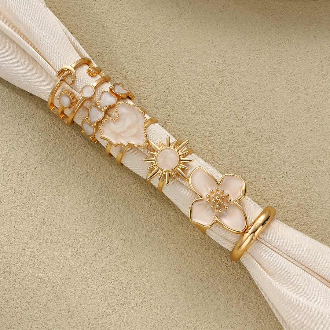HilalHaven "Cream Petal" Enamel Floral Heart Alloy 6‑Piece Ring Set - image 1