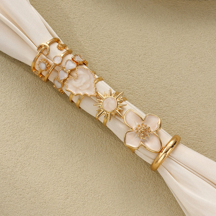HilalHaven "Cream Petal" Enamel Floral Heart Alloy 6‑Piece Ring Set - image 1