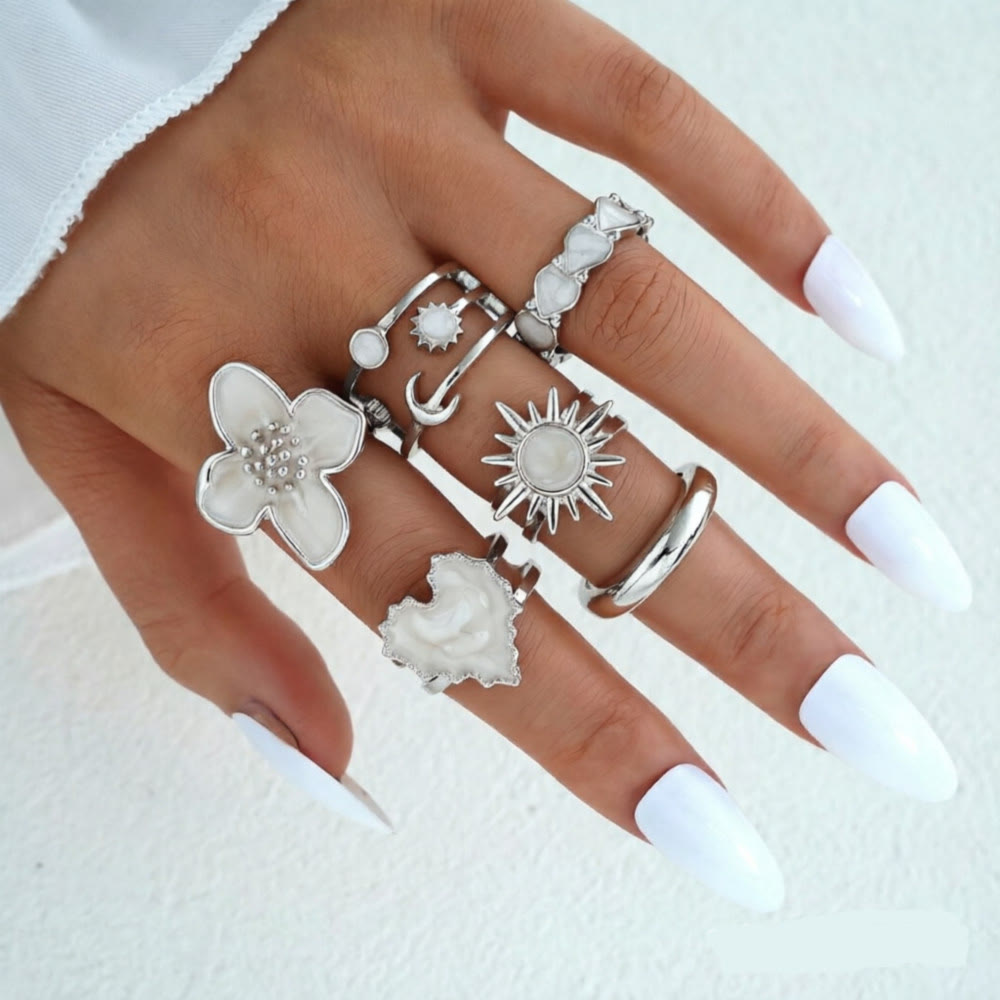 HilalHaven "Cream Petal" Enamel Floral Heart Alloy 6‑Piece Ring Set - Silver Set 6‑Piece Ring Set - image 8