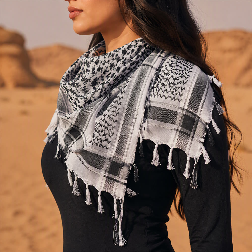 HilalHaven Sand Legacy Keffiyeh Shawl — Black & White Arab Traditional Tassel Square Scarf Unisex - image 1