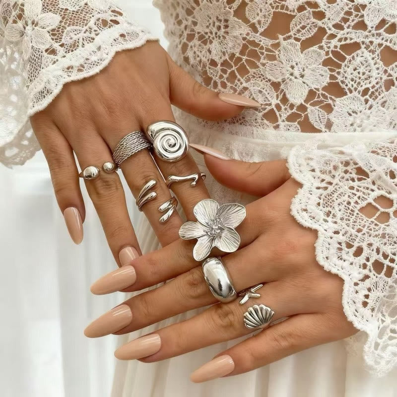 HilalHaven Ocean Bloom Multi‑Pattern Stackable Ring Set - Silver 5‑Piece Ring Set - image 3