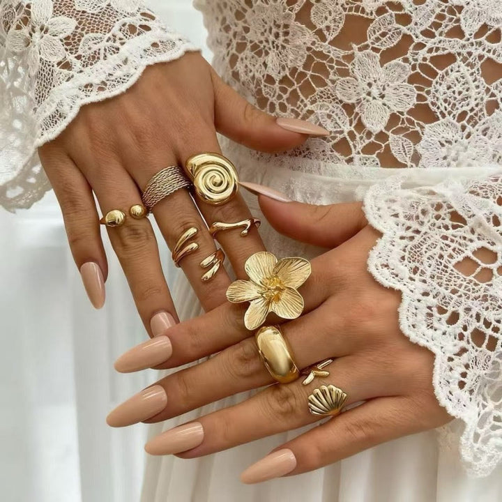 HilalHaven Ocean Bloom Multi‑Pattern Stackable Ring Set - Golden 5‑Piece Ring Set - image 0