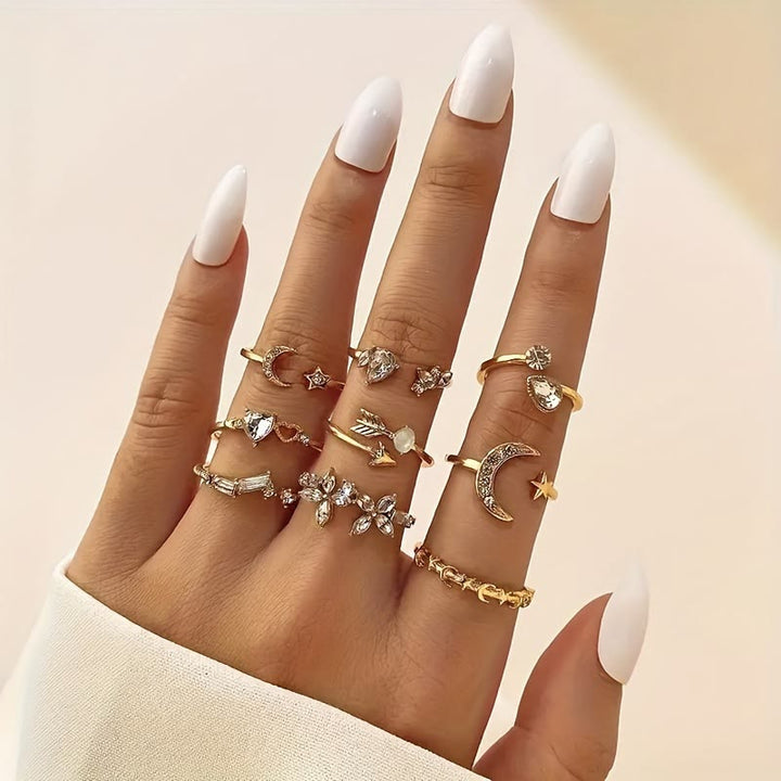 HilalHaven Stellar Glow Moon Star Crystal Stackable Ring Set - image 0