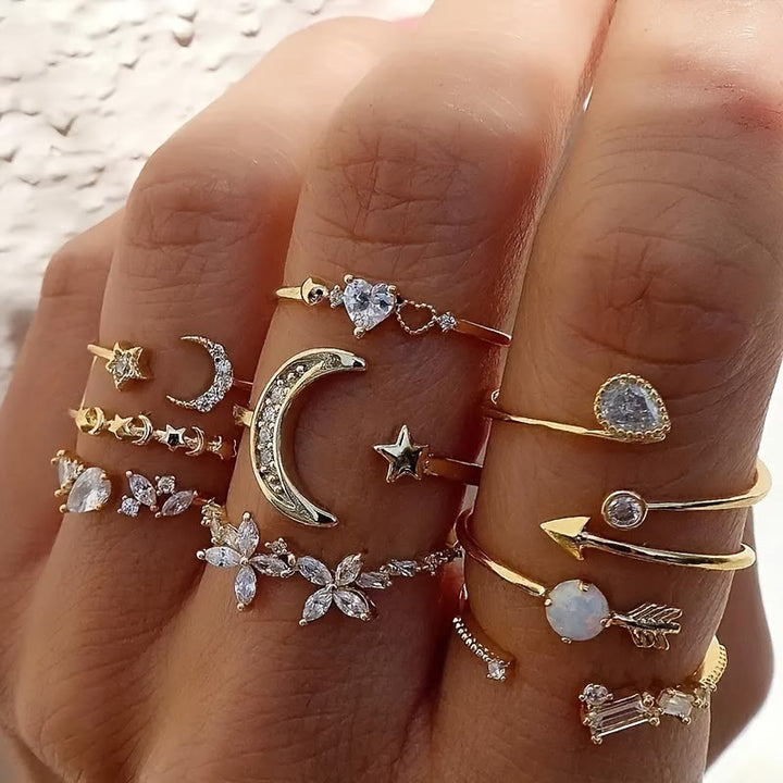 HilalHaven Stellar Glow Moon Star Crystal Stackable Ring Set - Golden 5‑Piece Ring Set - image 5