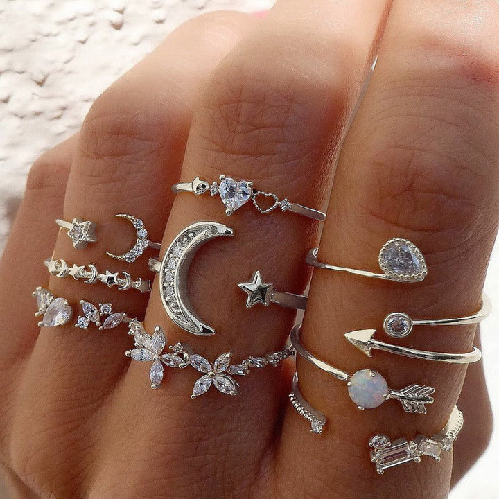 HilalHaven Stellar Glow Moon Star Crystal Stackable Ring Set - Silver 5‑Piece Ring Set - image 6