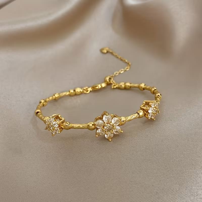 HilalHaven Sunlit Petal Zircon Floral Gold Adjustable Bracelet - Golden - image 3