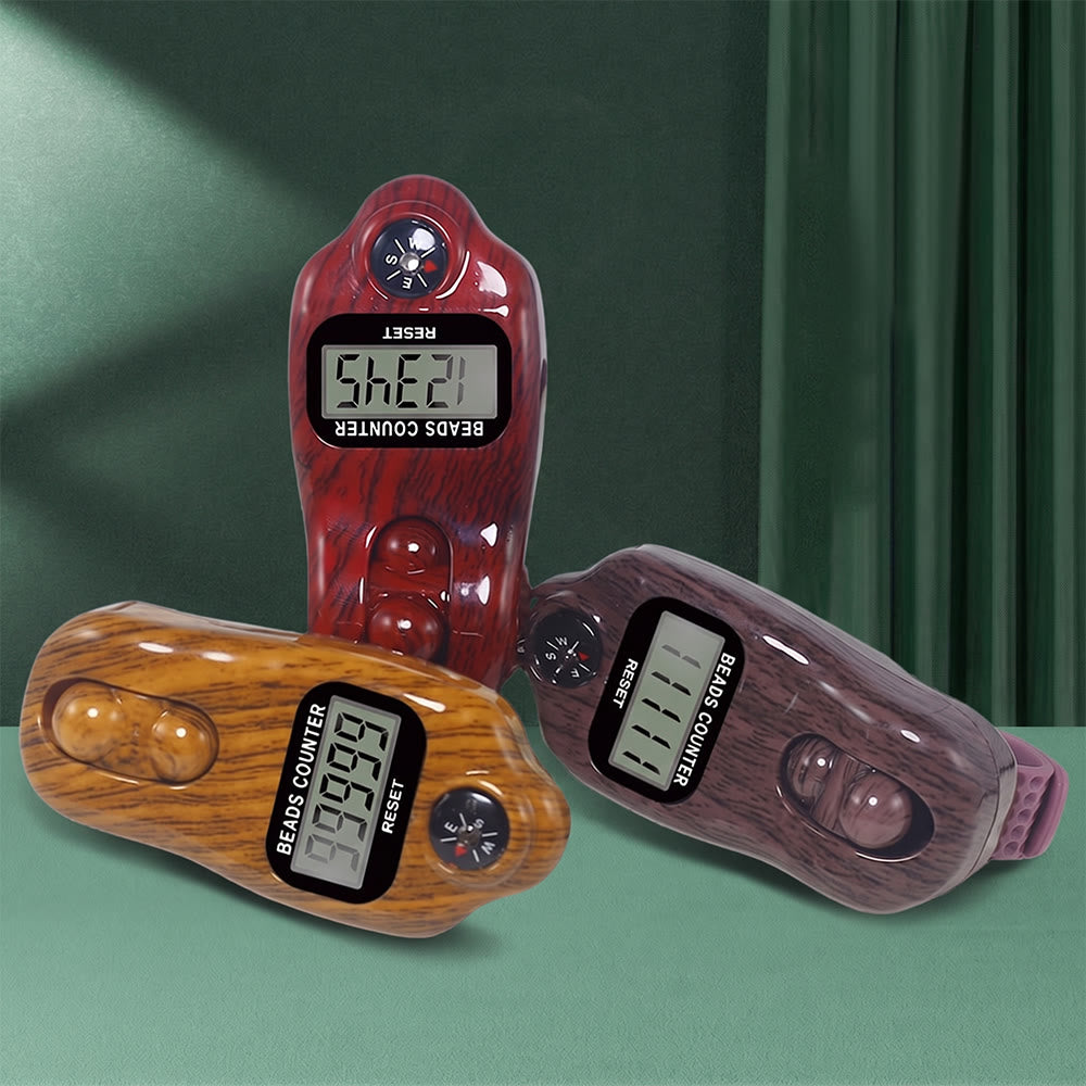 HilalHaven Vintage Pulse Multi‑Tone Wood‑Imprint Finger‑Type Zikr Digital Counter with Compass - image 1