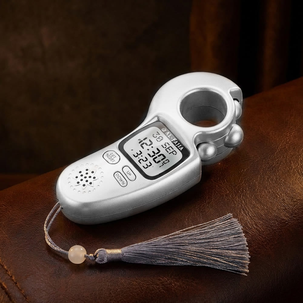 HilalHaven Chant Cadence Multi‑Texture Hand‑Grip Digital Tasbih Counter With Speaker & Tassel - Silver - image 1