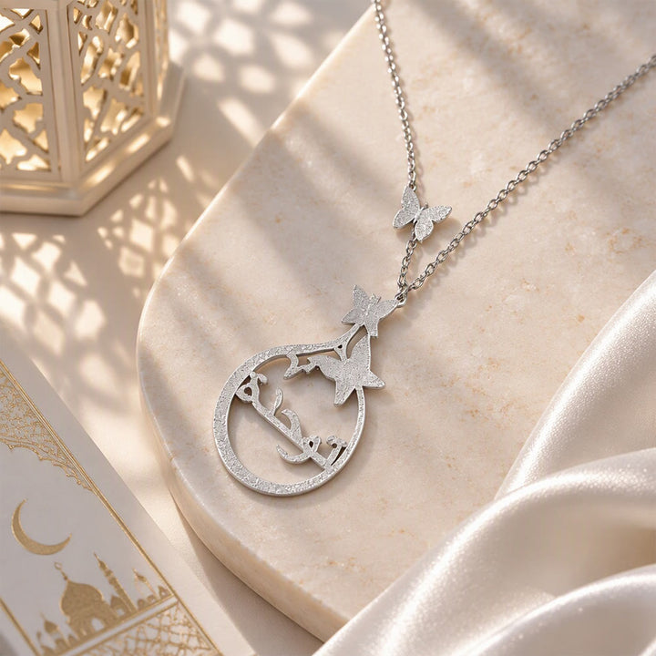 HilalHaven Flying Petals Hollow Butterfly Accent Custom Arabic Script Pendant Necklace - Silver - image 10