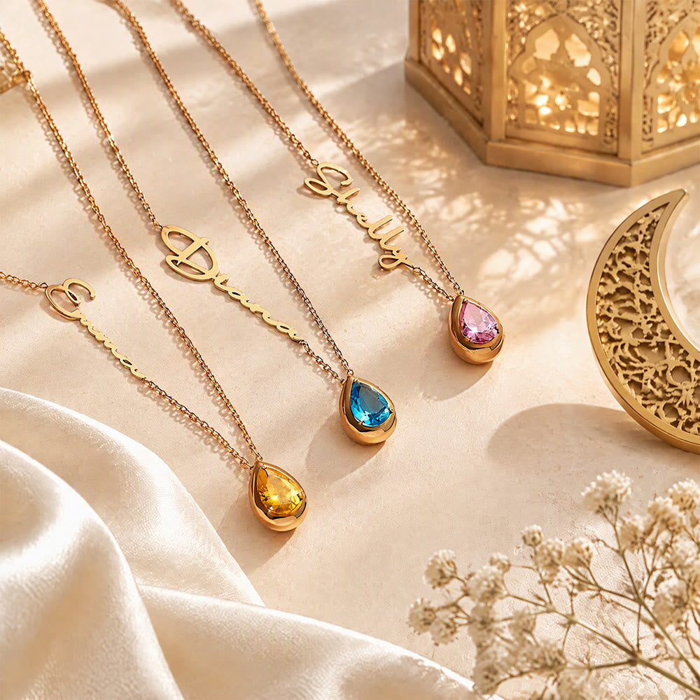 HilalHaven Dew Drop Glow Custom Cursive Name Necklace With Teardrop Birthstone Zircon Charm - image 1