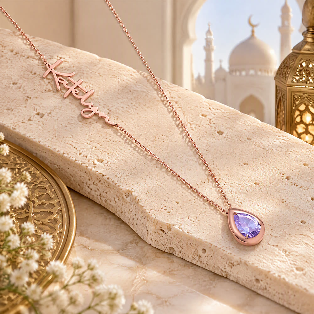 HilalHaven Dew Drop Glow Custom Cursive Name Necklace With Teardrop Birthstone Zircon Charm - image 2