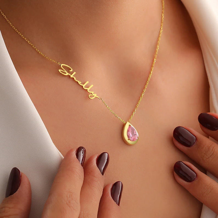 HilalHaven Dew Drop Glow Custom Cursive Name Necklace With Teardrop Birthstone Zircon Charm - December - Golden - image 3