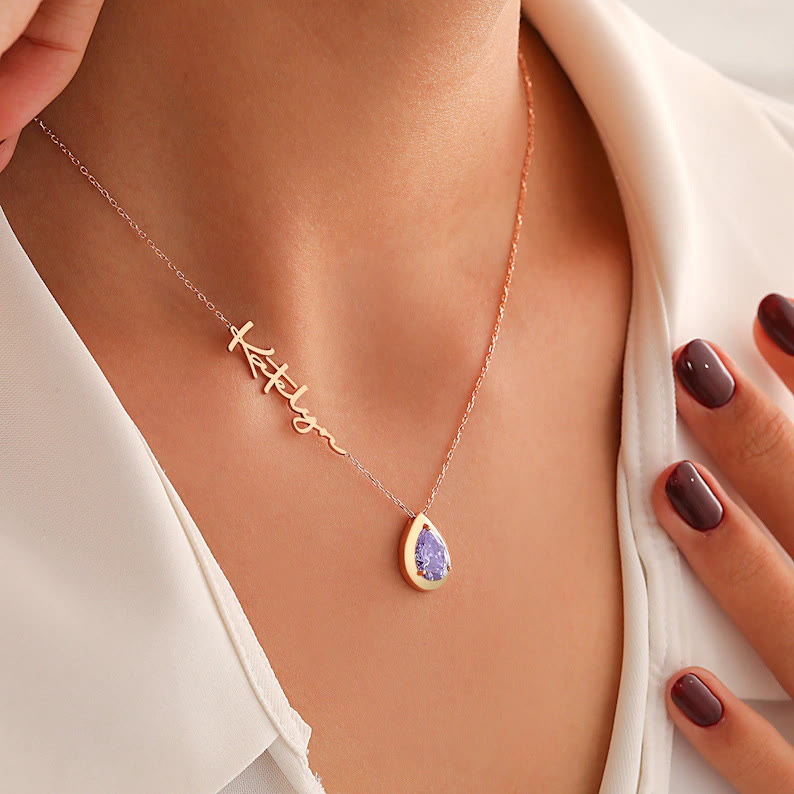 HilalHaven Dew Drop Glow Custom Cursive Name Necklace With Teardrop Birthstone Zircon Charm - December - Rose Golden - image 5