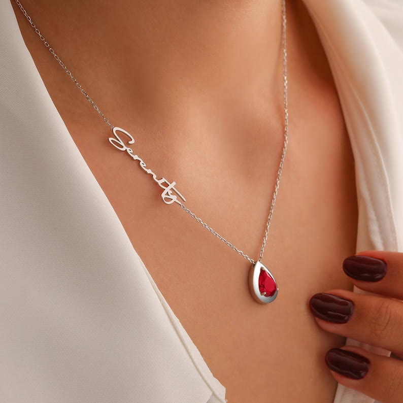 HilalHaven Dew Drop Glow Custom Cursive Name Necklace With Teardrop Birthstone Zircon Charm - December - Silver - image 4