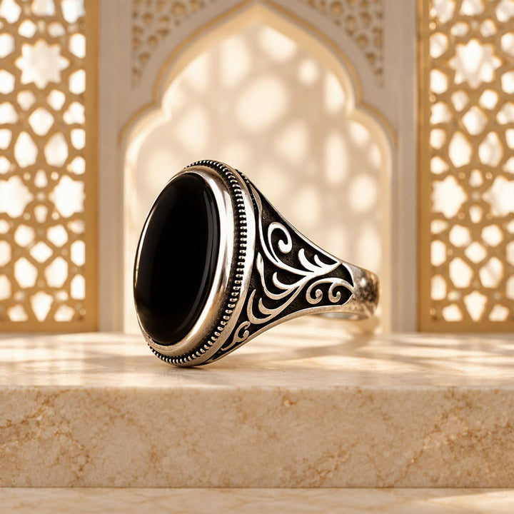 HilalHaven Noir Scroll Ornate Ethnic Carved Black Gem Accent Unisex Ring - image 2