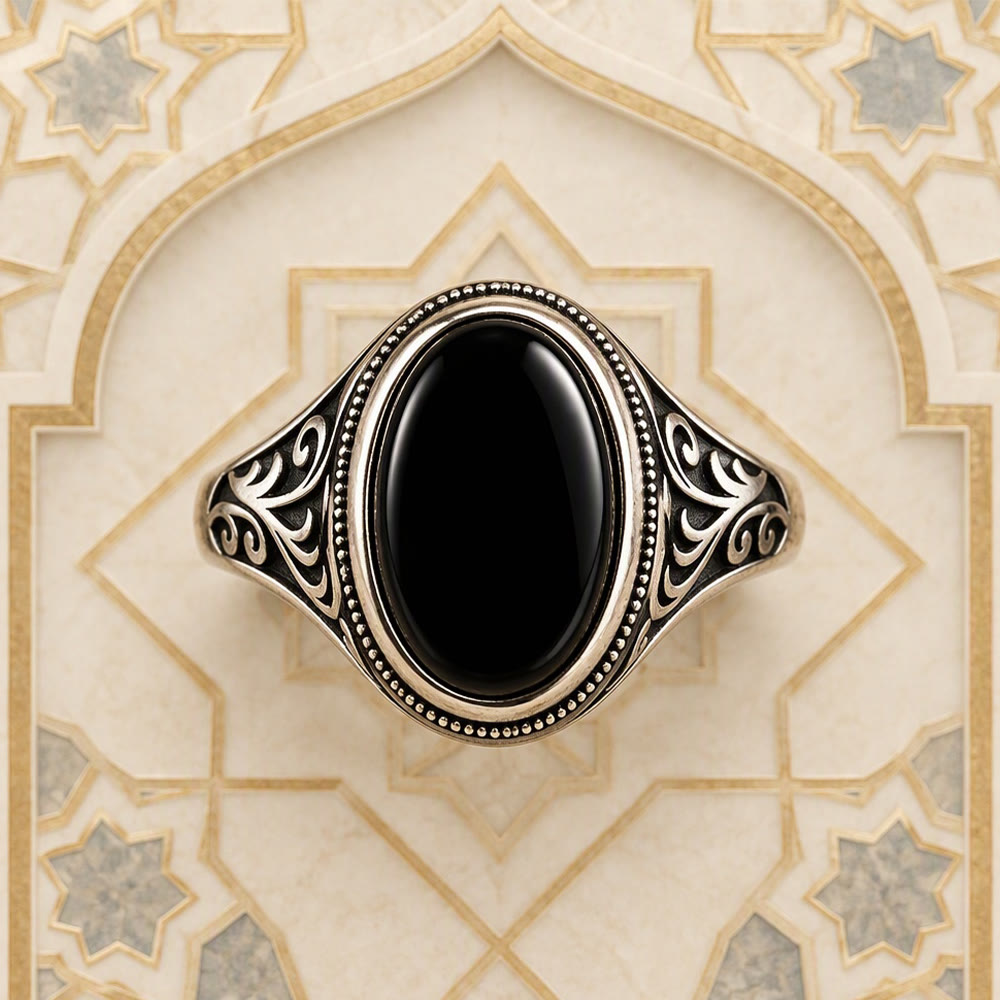 HilalHaven Noir Scroll Ornate Ethnic Carved Black Gem Accent Unisex Ring - image 5