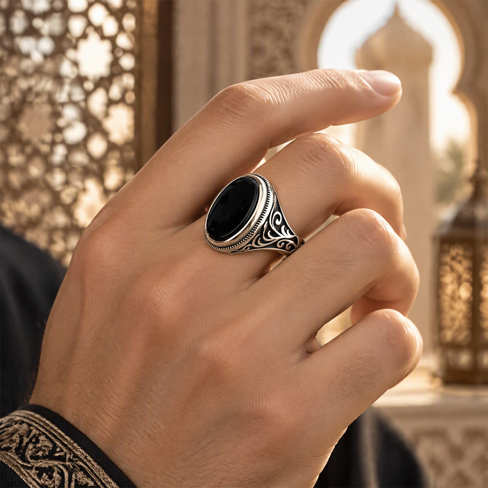 HilalHaven Noir Scroll Ornate Ethnic Carved Black Gem Accent Unisex Ring - image 0