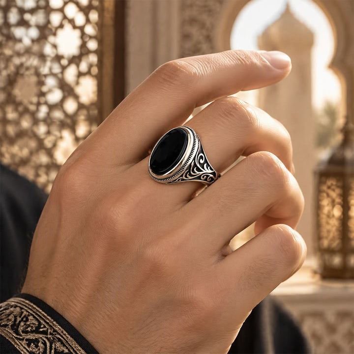 HilalHaven Noir Scroll Ornate Ethnic Carved Black Gem Accent Unisex Ring - image 0
