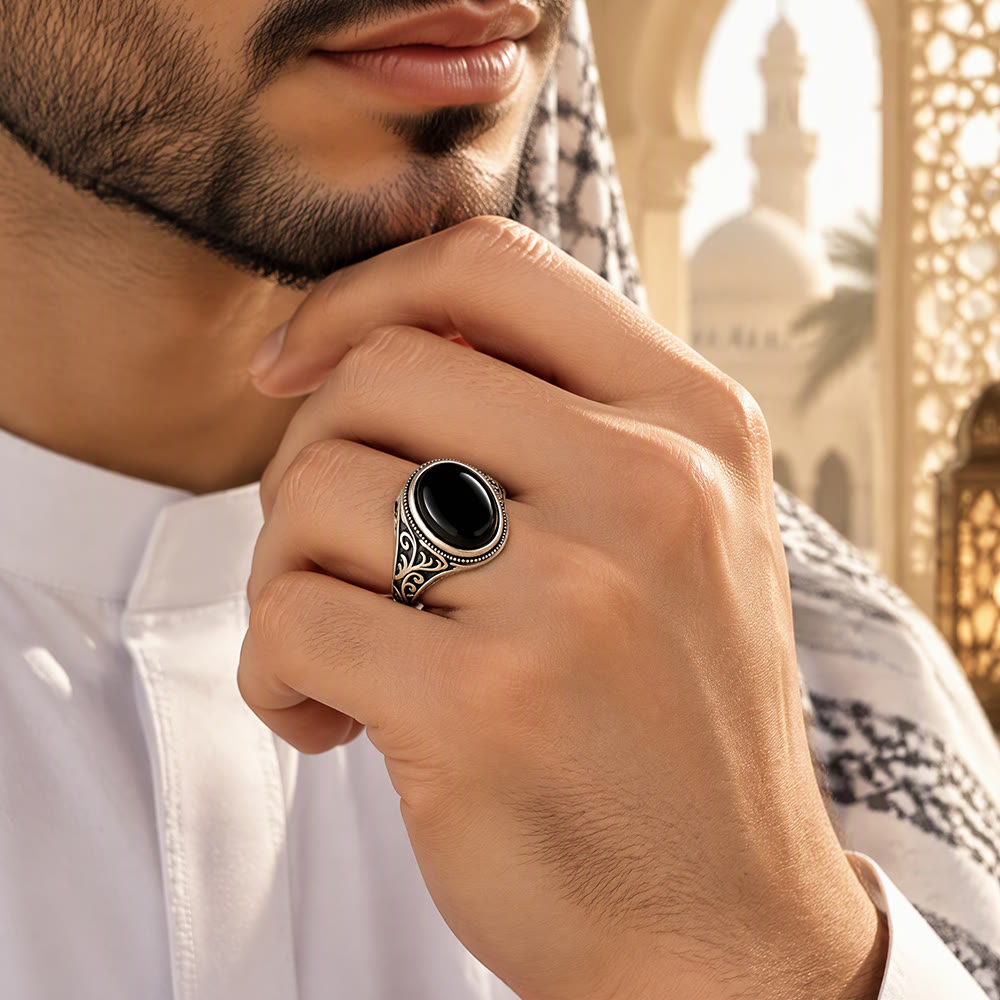 HilalHaven Noir Scroll Ornate Ethnic Carved Black Gem Accent Unisex Ring - image 1