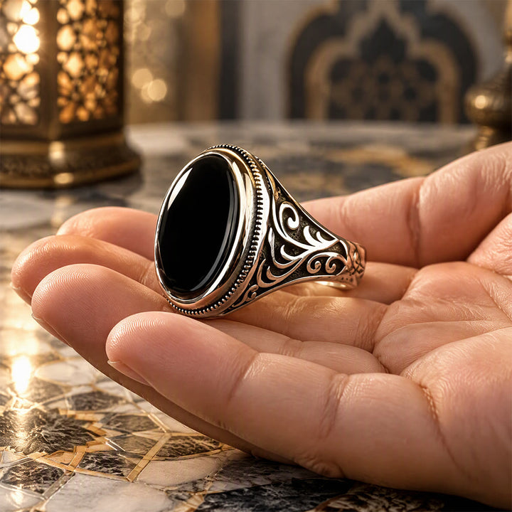HilalHaven Noir Scroll Ornate Ethnic Carved Black Gem Accent Unisex Ring - image 6