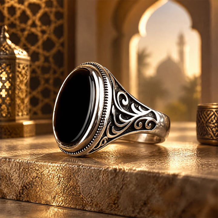 HilalHaven Noir Scroll Ornate Ethnic Carved Black Gem Accent Unisex Ring - US 13 - image 4