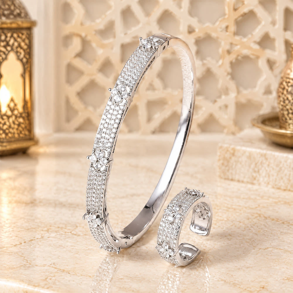 HilalHaven Clover Sparkle Zircon‑Encrusted Bangle &amp; Open Ring Jewelry Set - Silver - image 5