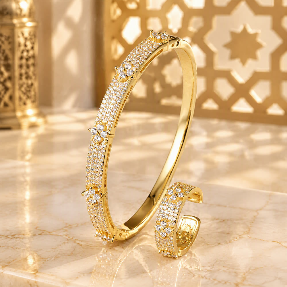 HilalHaven Clover Sparkle Zircon‑Encrusted Bangle &amp; Open Ring Jewelry Set - Golden - image 4