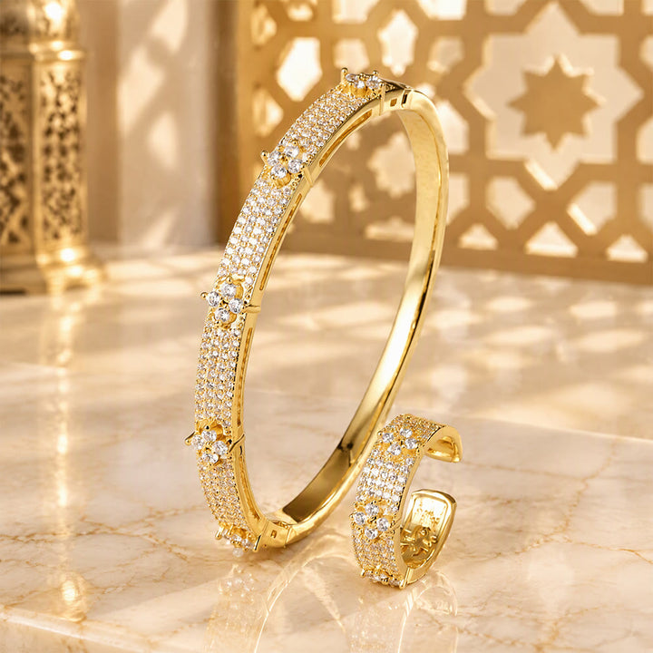 HilalHaven Clover Sparkle Zircon‑Encrusted Bangle &amp; Open Ring Jewelry Set - Golden - image 4