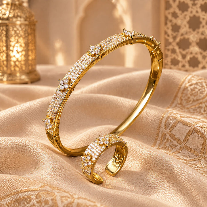 HilalHaven Clover Sparkle Zircon‑Encrusted Bangle &amp; Open Ring Jewelry Set - image 3