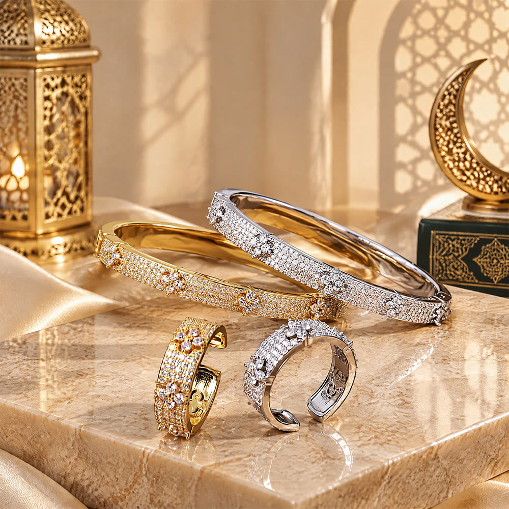 HilalHaven Clover Sparkle Zircon‑Encrusted Bangle & Open Ring Jewelry Set - image 0
