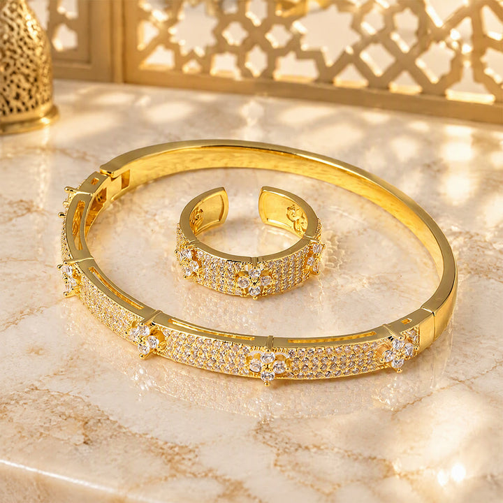 HilalHaven Clover Sparkle Zircon‑Encrusted Bangle &amp; Open Ring Jewelry Set - image 1