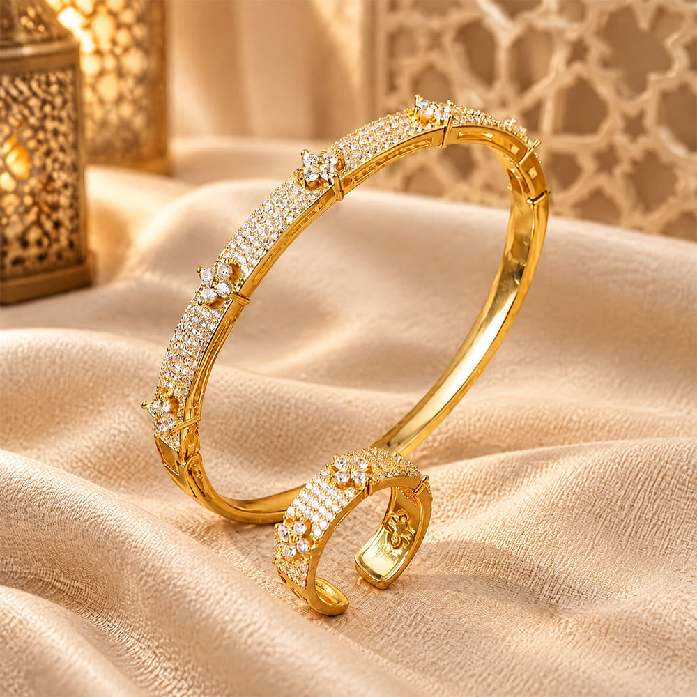 HilalHaven Clover Sparkle Zircon‑Encrusted Bangle &amp; Open Ring Jewelry Set - image 2
