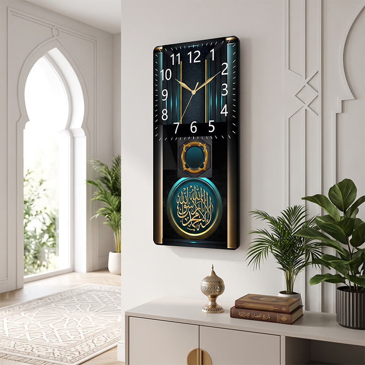HilalHaven Emerald Majesty Islamic Shahada MDF Silent Sweep Rectangular Wall Clock - image 1
