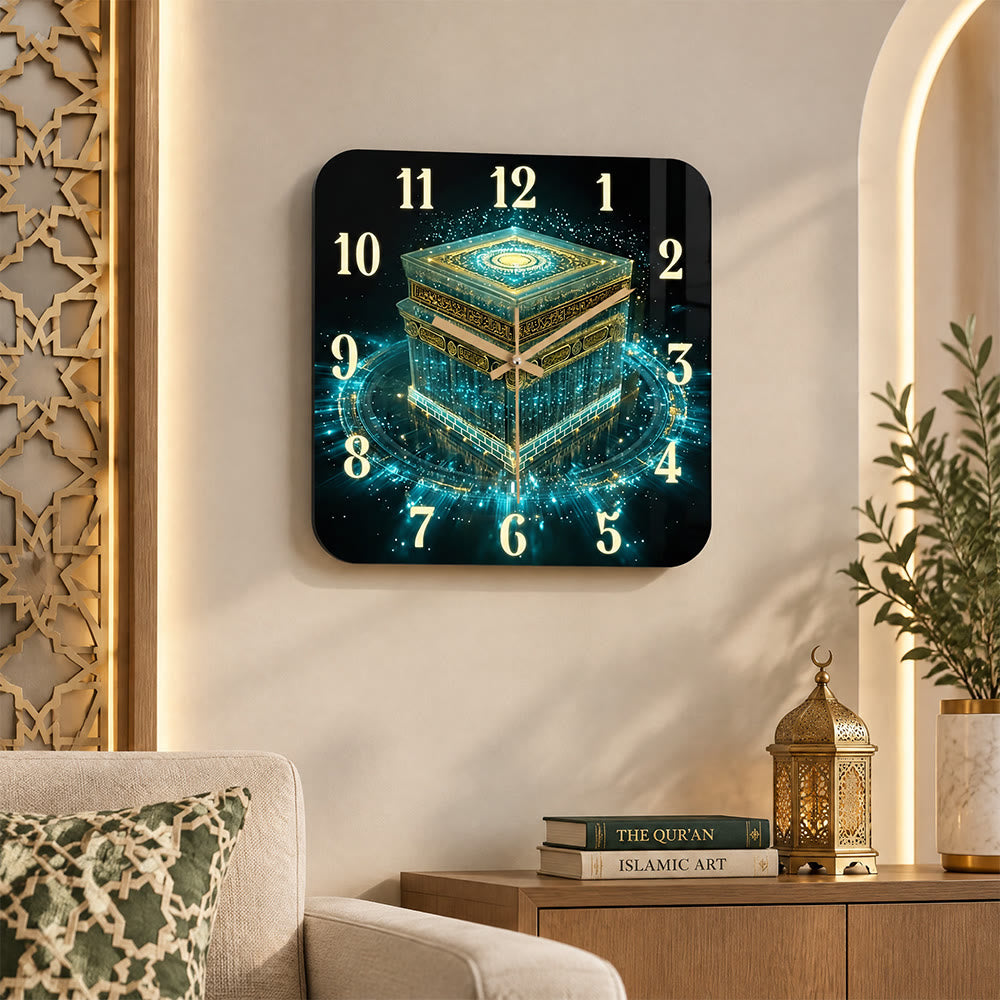 HilalHaven Ethereal Kaaba Light Islamic Sacred Square Acrylic Silent Decor Wall Clock - 13.77''*13.77''oz/35*35CM - image 1