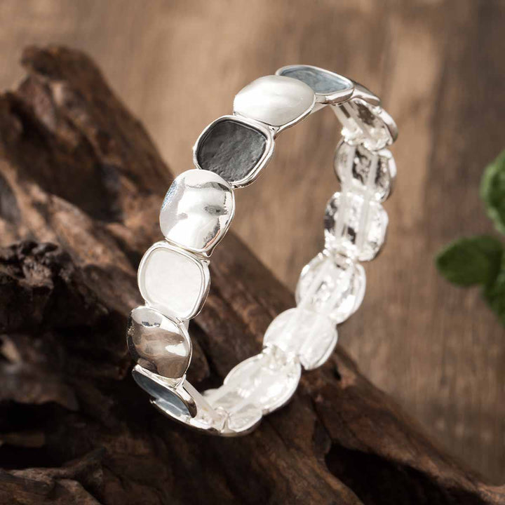 HilalHaven Pebble Hue Enamel Zinc Alloy Stretch Bracelet, Irregular Geometric Beaded Bangle - Silver - image 8