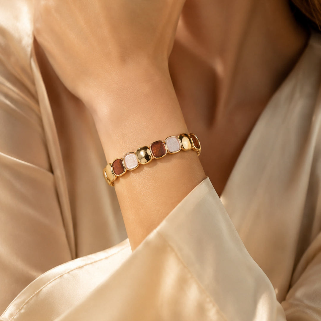 HilalHaven Pebble Hue Enamel Zinc Alloy Stretch Bracelet, Irregular Geometric Beaded Bangle - image 1
