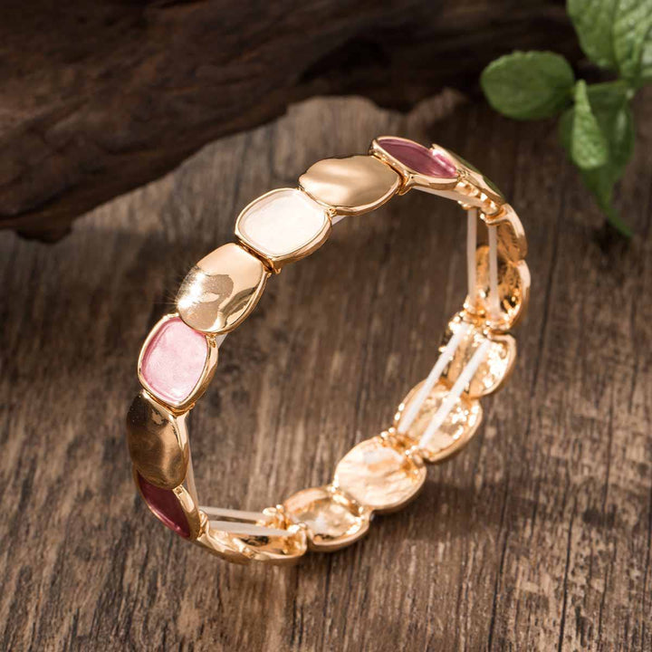 HilalHaven Pebble Hue Enamel Zinc Alloy Stretch Bracelet, Irregular Geometric Beaded Bangle - Pink - image 7