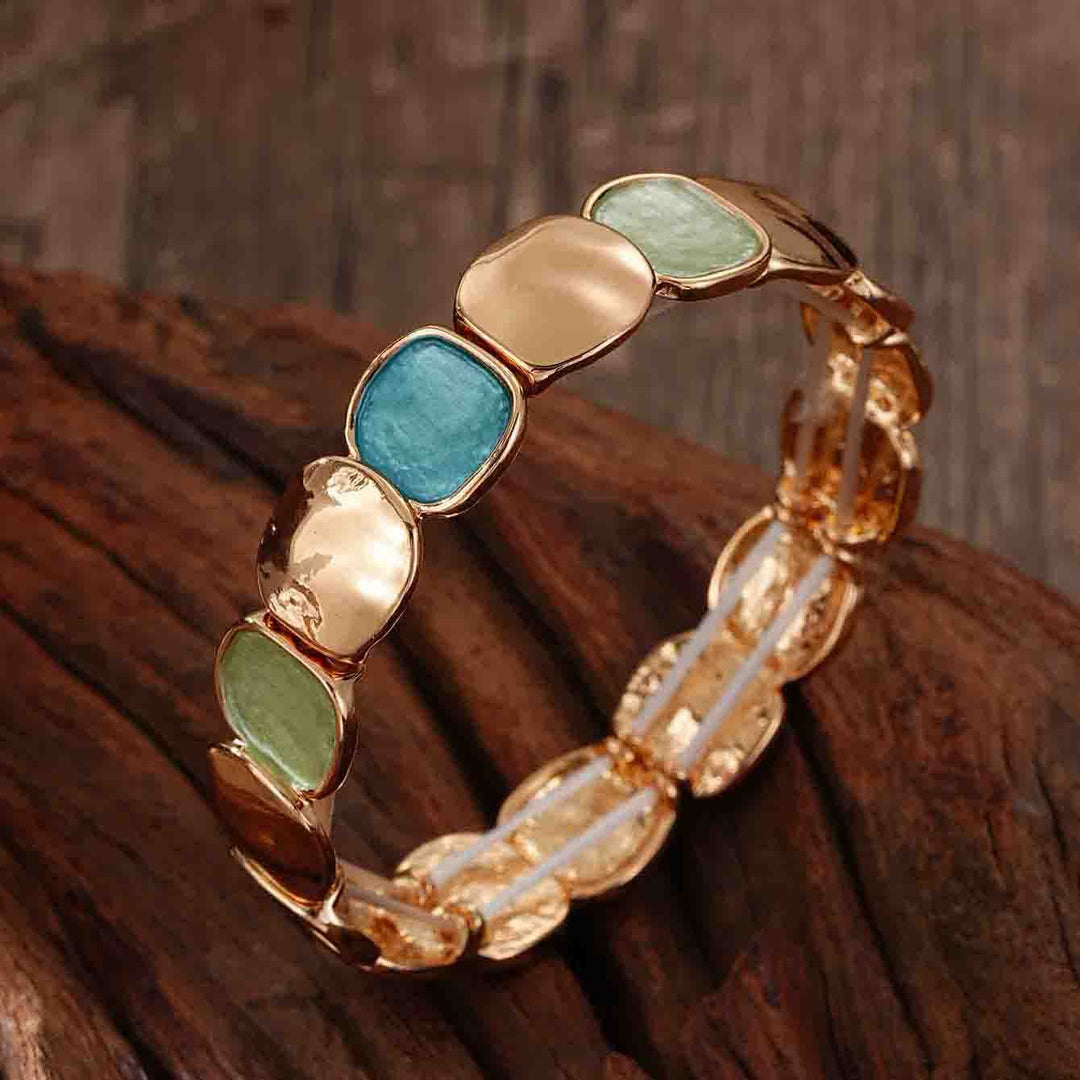 HilalHaven Pebble Hue Enamel Zinc Alloy Stretch Bracelet, Irregular Geometric Beaded Bangle - Blue - image 5