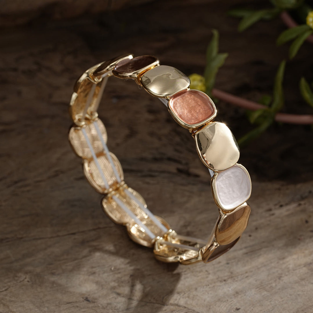 HilalHaven Pebble Hue Enamel Zinc Alloy Stretch Bracelet, Irregular Geometric Beaded Bangle - Khaki - image 3