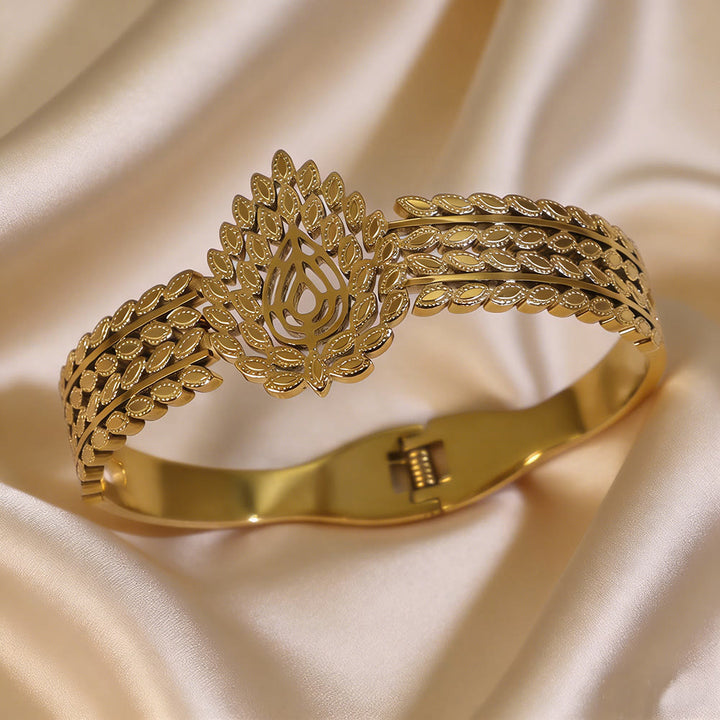HilalHaven Vintage Foliage Stainless Steel Hollow Leaf Rhinestone Spring Bangle - image 2
