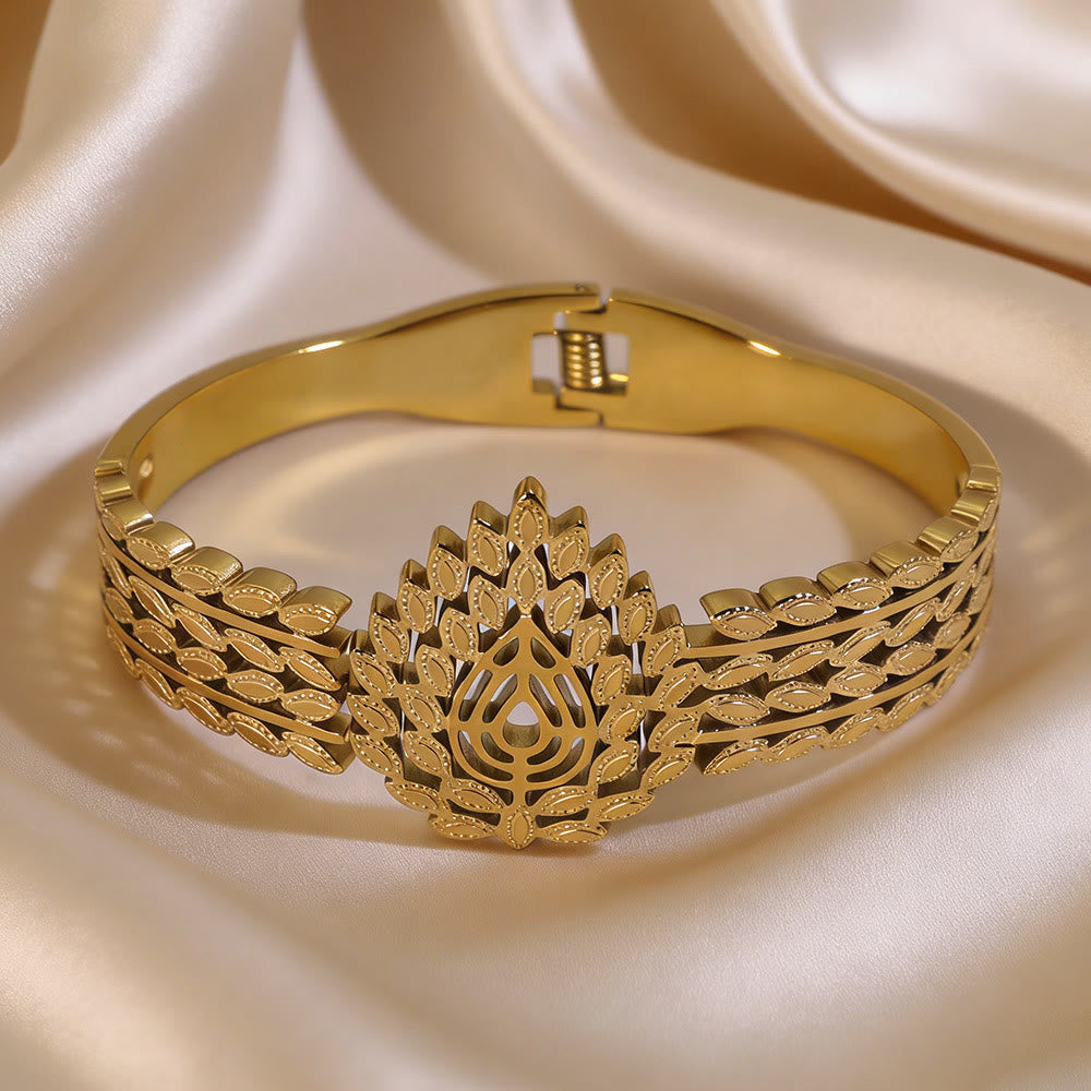 HilalHaven Vintage Foliage Stainless Steel Hollow Leaf Rhinestone Spring Bangle - image 3