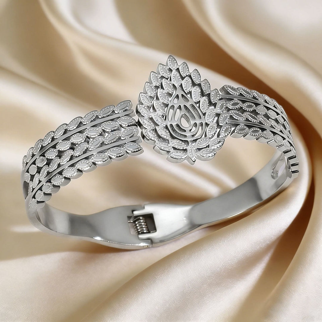 HilalHaven Vintage Foliage Stainless Steel Hollow Leaf Rhinestone Spring Bangle - Silver - image 4