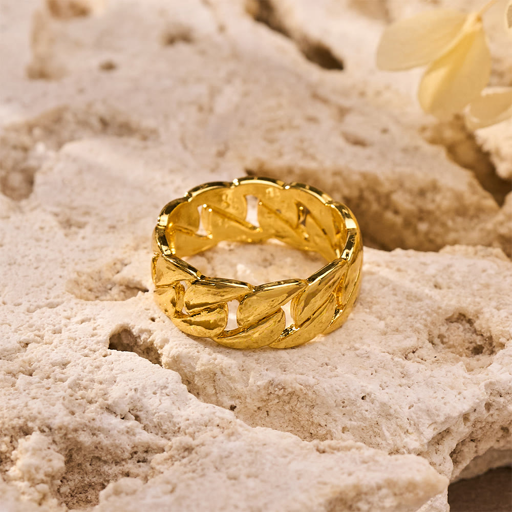 HilalHaven Chain Link Geometric Electroplated Metal Unisex Statement Ring - Golden - US 6 - image 4