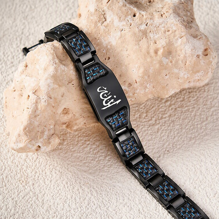 HilalHaven Allah Faith Bond Islamic Carbon Fiber Stainless Steel Link Bracelet - Black&amp;Blue - image 17