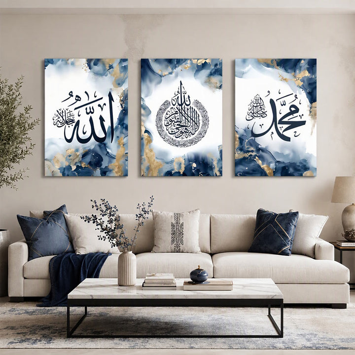 HilalHaven Ocean Gilded Triptych Navy Blue Marble Gold‑Fleck Arabic Calligraphy Canvas Wall Art - image 1