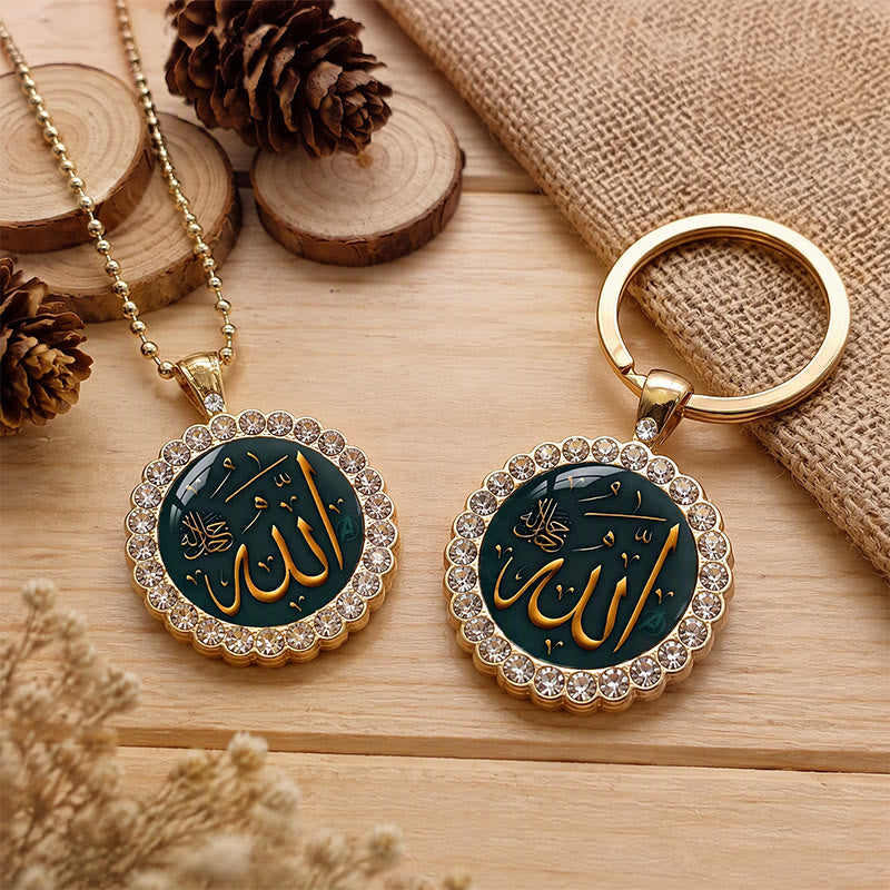 HilalHaven Allah Emerald Medallion Rhinestone Enamel Alloy Necklace &amp; Keychain Set - Necklace &amp; Keychain Set - image 1