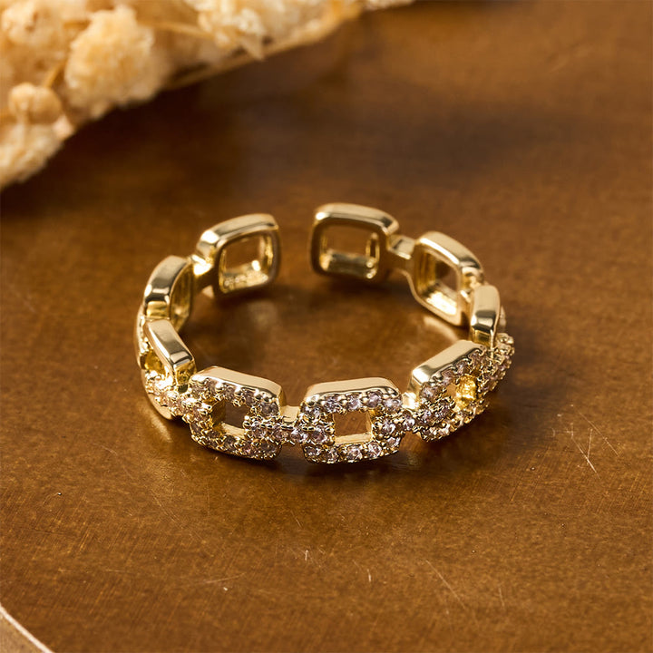HilalHaven Chain Link Glow Geometric Cubic Zirconia Open Adjustable Ring - Golden - image 2