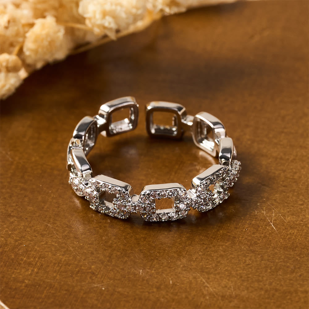 HilalHaven Chain Link Glow Geometric Cubic Zirconia Open Adjustable Ring - Silver - image 6