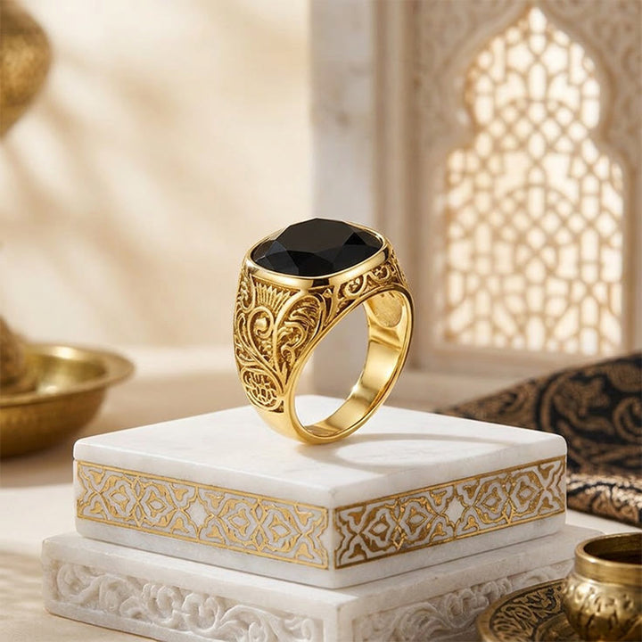 HilalHaven Noir Majesty Vintage Court Hollow Carved Black Gem Gold Tone Men&
