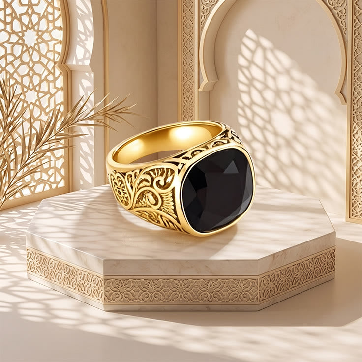 HilalHaven Noir Majesty Vintage Court Hollow Carved Black Gem Gold Tone Men's Ring - image 1